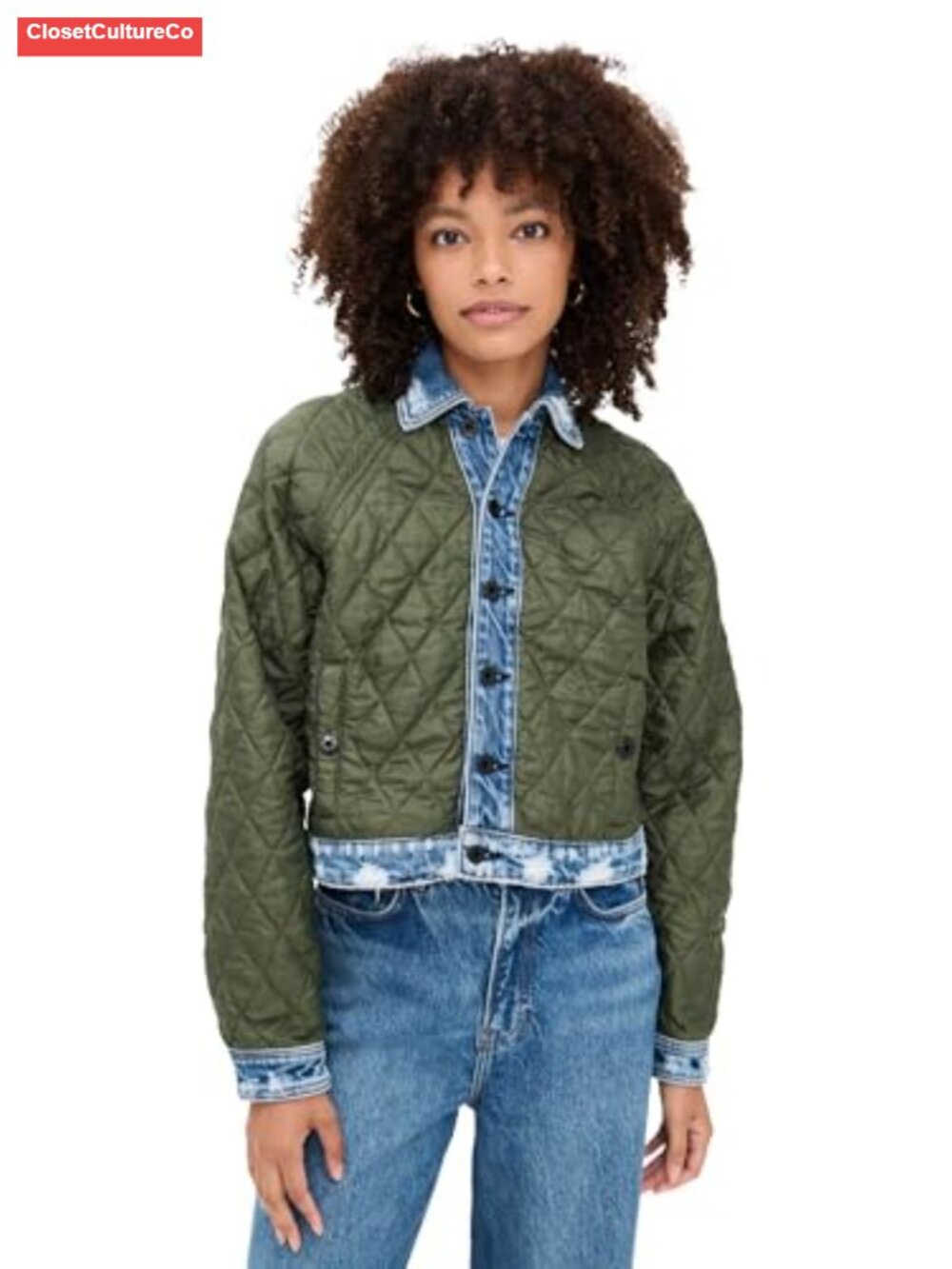 Quilted Liner Jacket Cropped Diamond Distressed Denim Trim Collared Casual